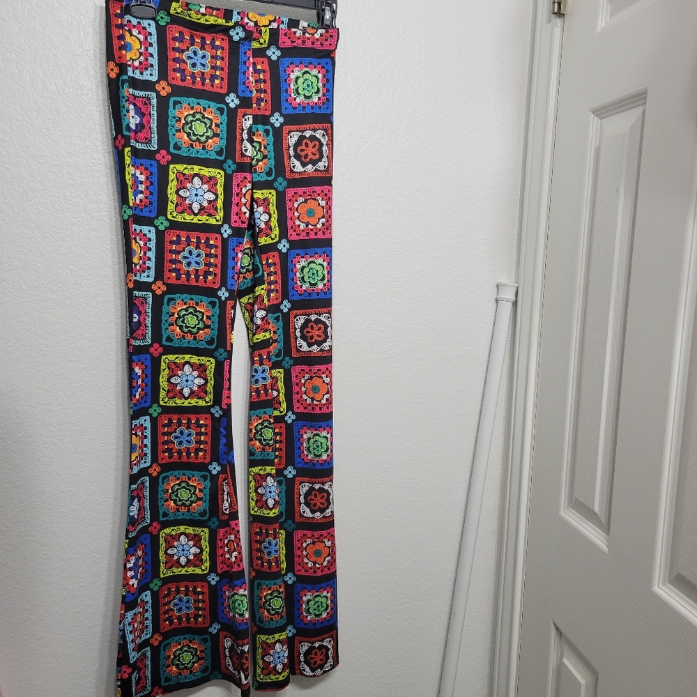 Granny Square Flare Stretch Pants Crochet Print, S